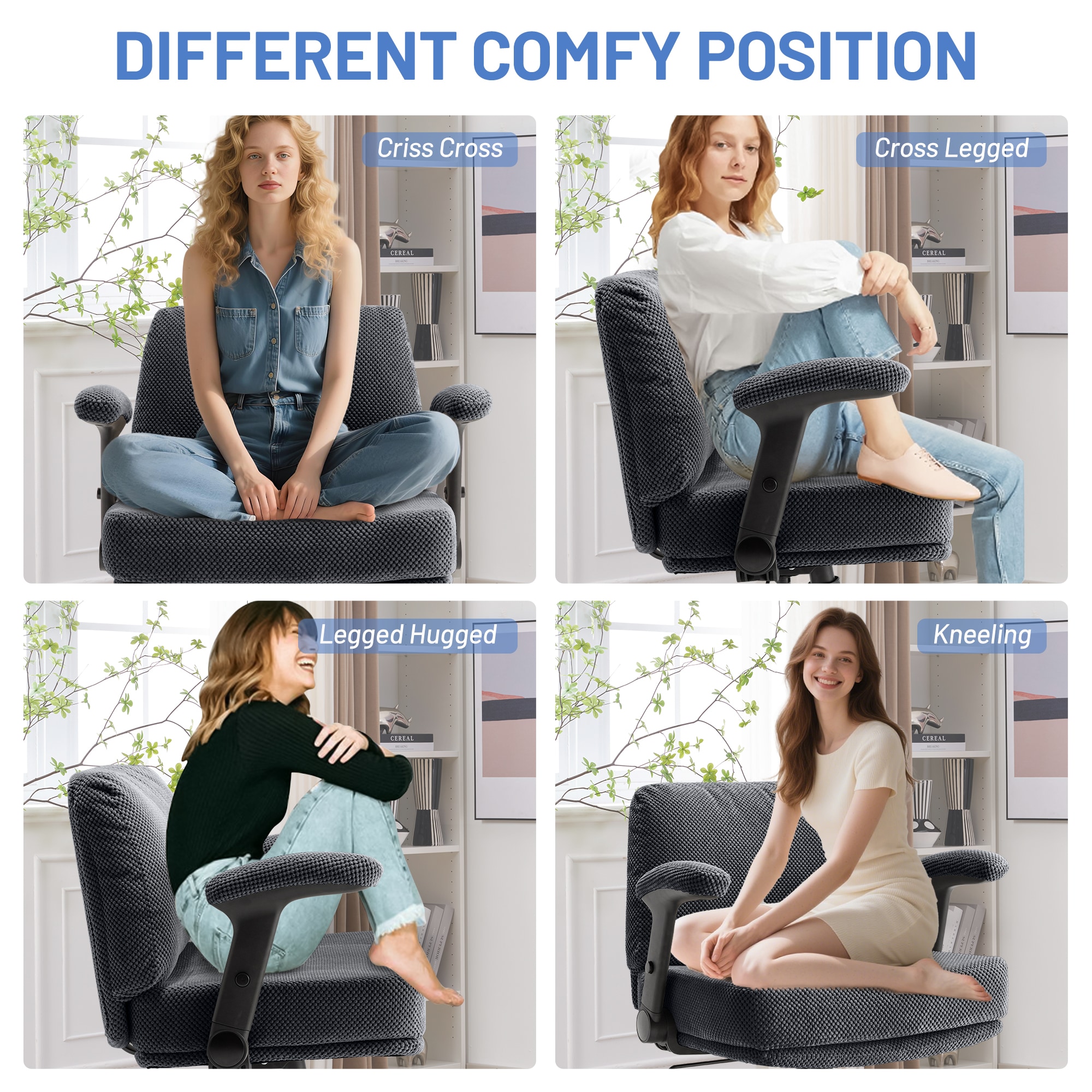 Criss Cross Chair With Wheels And Flip Arms- Comfy Fabric Cross Legged Office Chair With Thick Cushion&Wide Seat, Adjustable Swivel Desk Chair For Home Office, Apartment, Bedroom_voghion.com